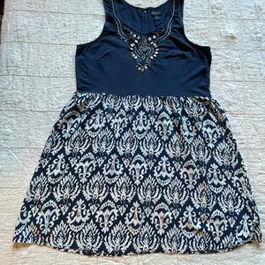 Lucky Brand Sleeveless Dress Dark Blue and white embroidered with metal accents